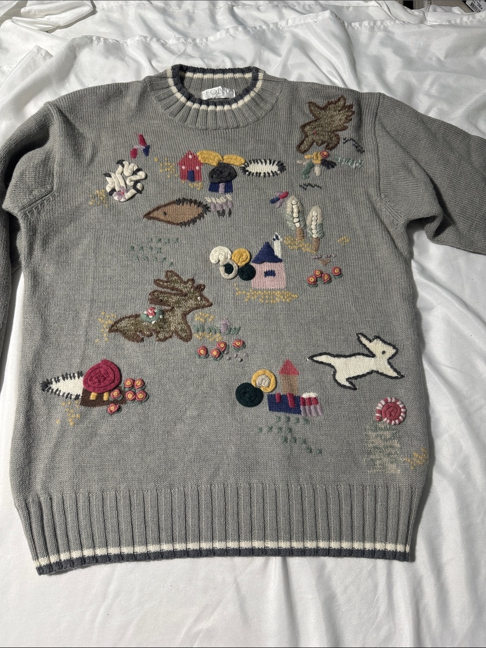 Follia Gray Wool Blend Embroidered Novelty Sweater Whimsical Cottagecore Cozy